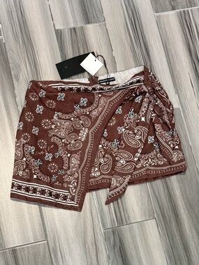 Women’s Brown Bandana Print Mini Skirt with Tie
